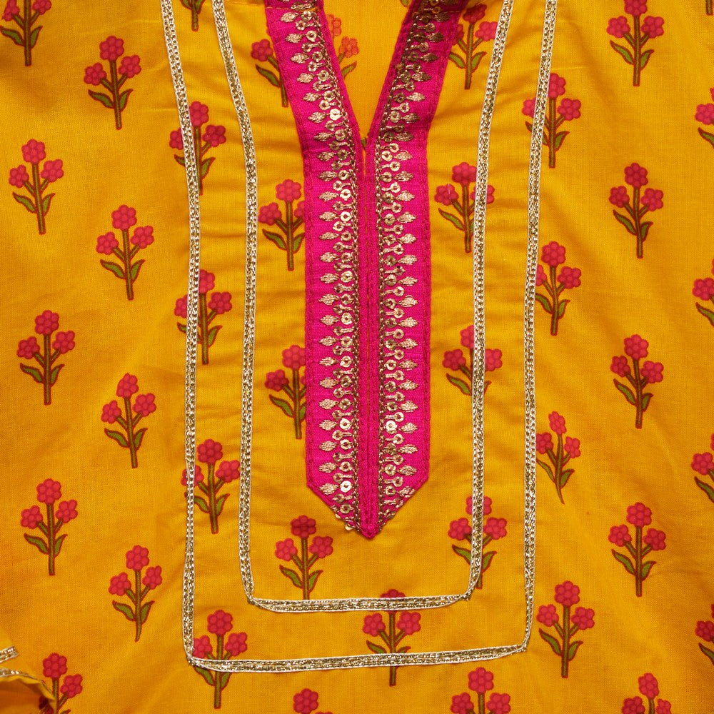 Yellow Floral Printed Kurti With Sharara And Dupatta