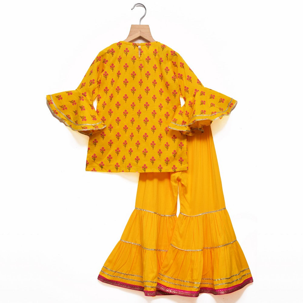 Yellow Floral Printed Kurti With Sharara And Dupatta