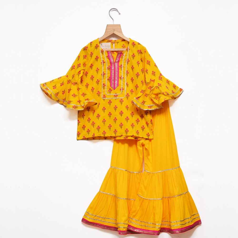 Yellow Floral Printed Kurti With Sharara And Dupatta