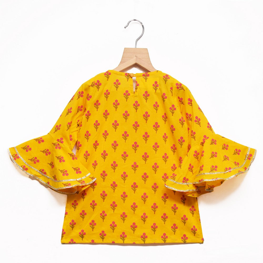 Yellow Floral Printed Kurti With Sharara And Dupatta
