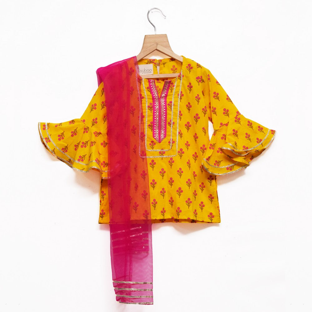 Yellow Floral Printed Kurti With Sharara And Dupatta