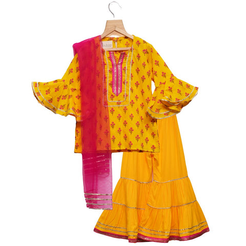Yellow Floral Printed Kurti With Sharara And Dupatta