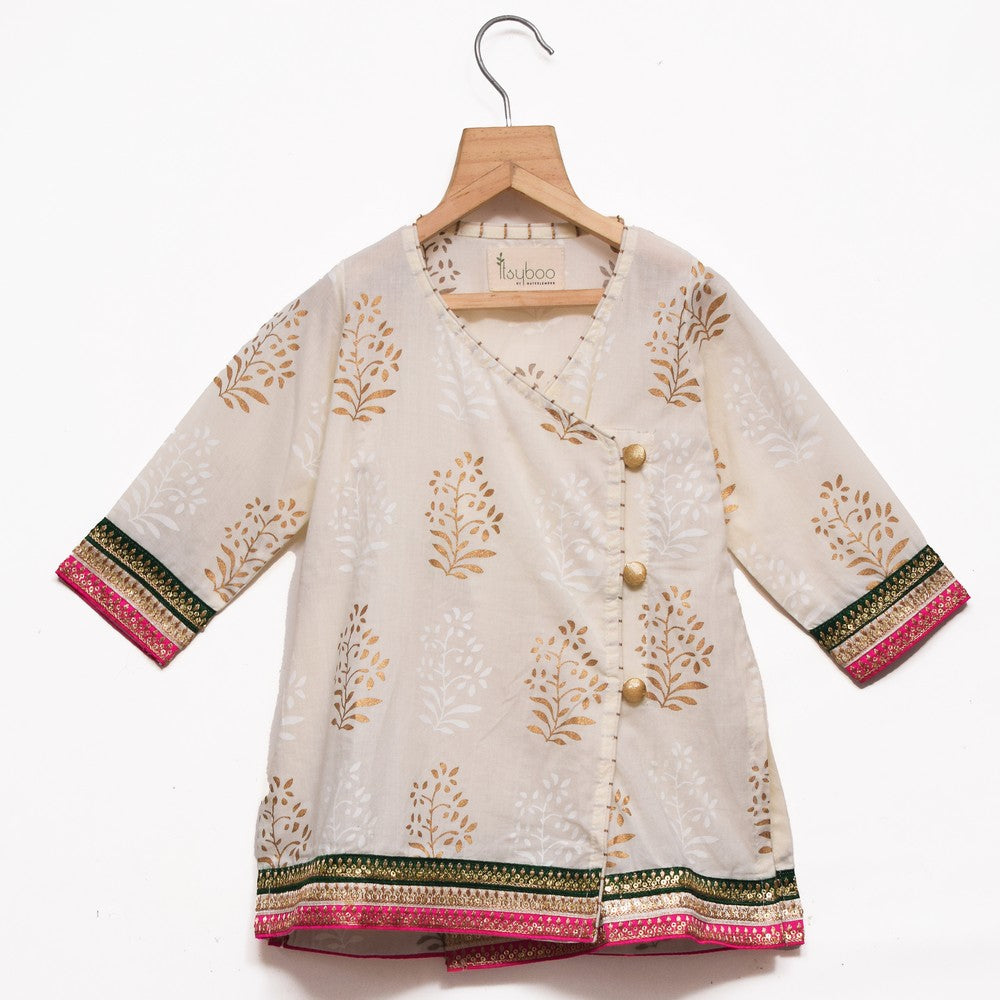 Overlap Placket off-white Kurta & Sharara With Shaded Dupatta