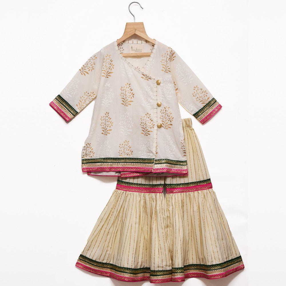 Overlap Placket off-white Kurta & Sharara With Shaded Dupatta