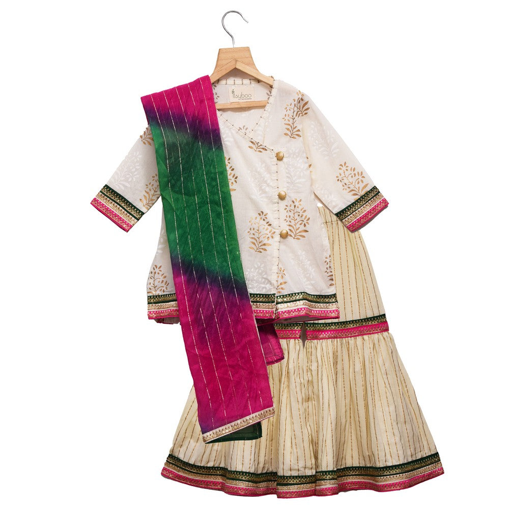 Overlap Placket off-white Kurta & Sharara With Shaded Dupatta