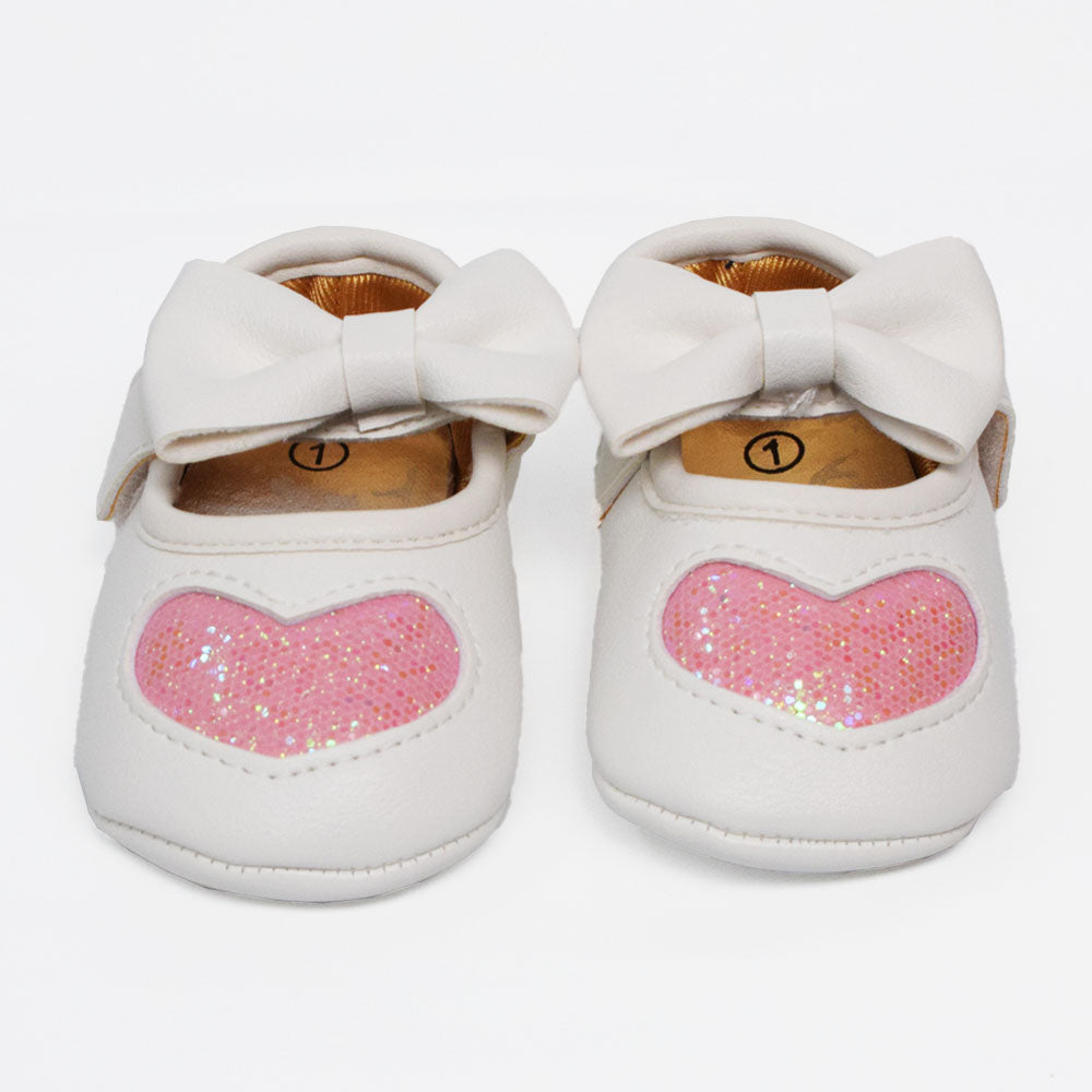 White & Pink Glitter Heart With Bow Velcro Closure Bellies
