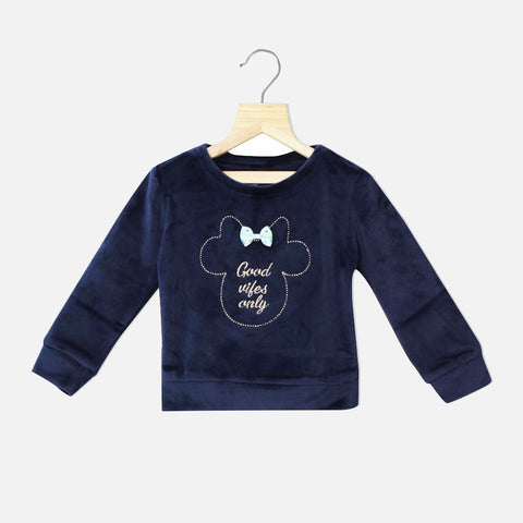 Green And Navy Text Embroidered Full Sleeves Sweat Top