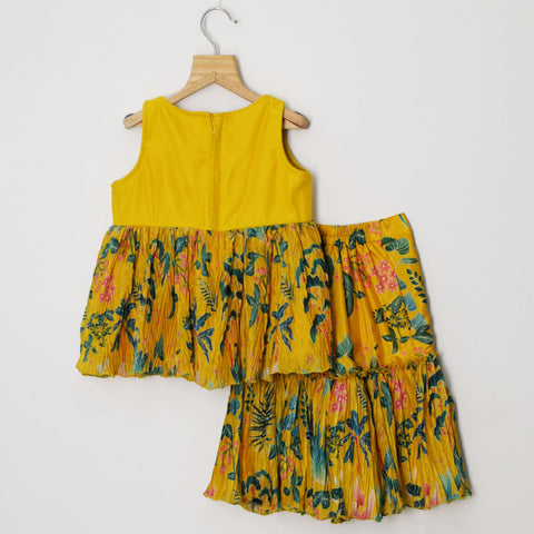 Yellow Sequins Embellished Peplum Top Wih Tropical Printed Sharara & Dupatta