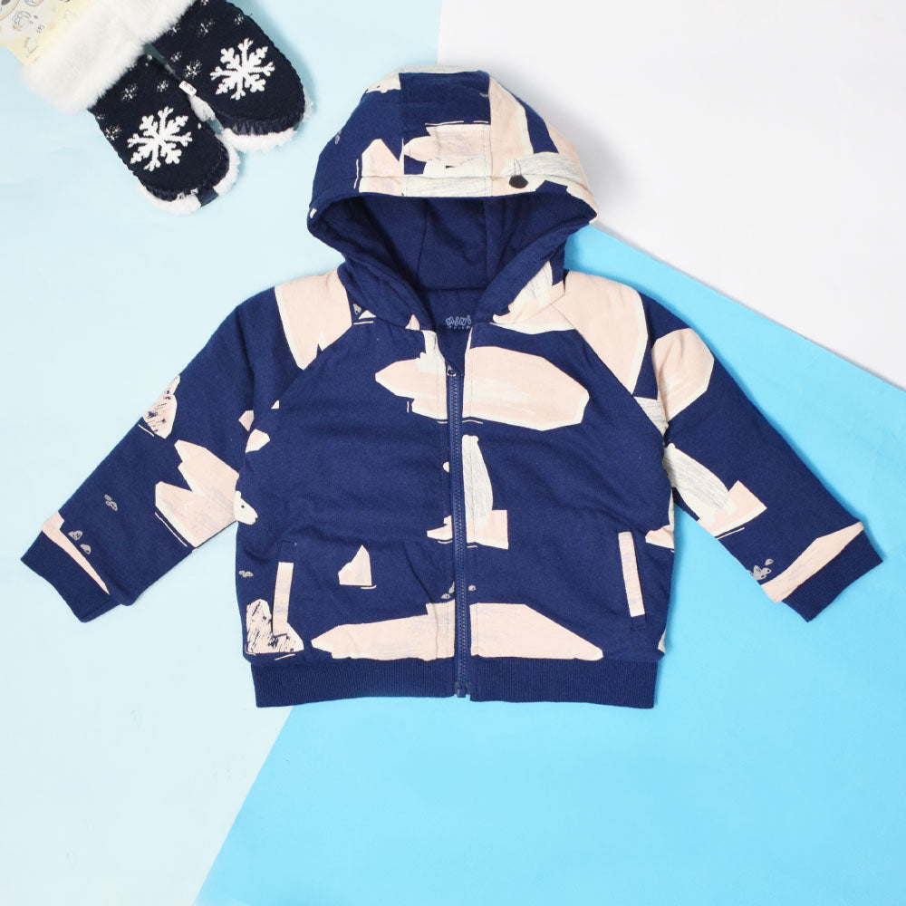 Navy Blue Polar Bear Printed Front Zipper Hooded Winter Jacket
