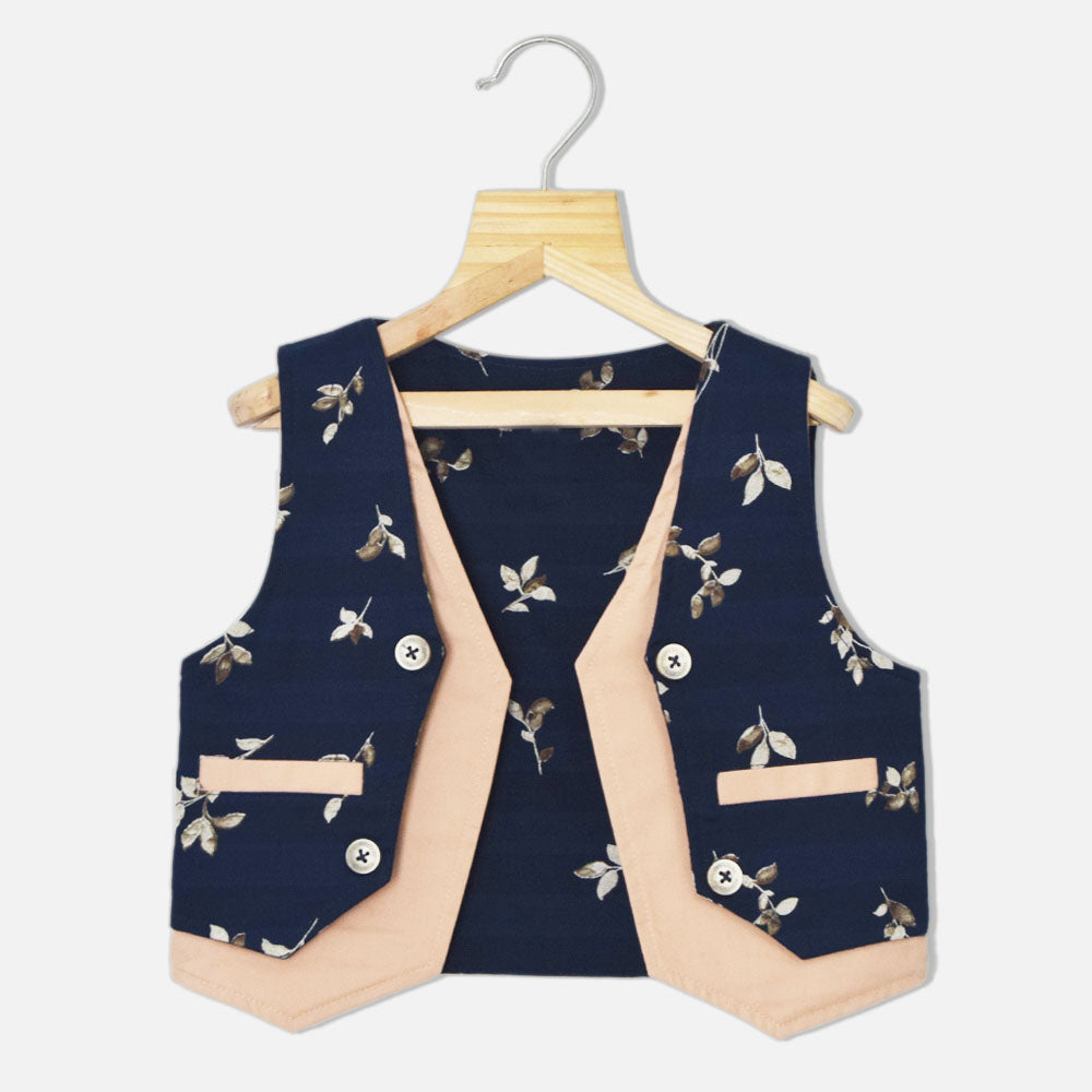Navy Tropical Printed Waistcoat With White Half Sleeves Shirt & Peach Shorts
