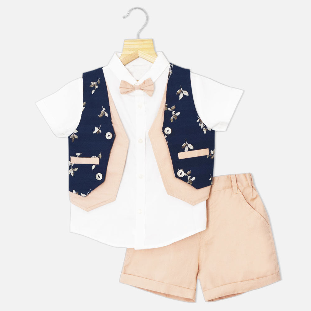 Navy Tropical Printed Waistcoat With White Half Sleeves Shirt & Peach Shorts