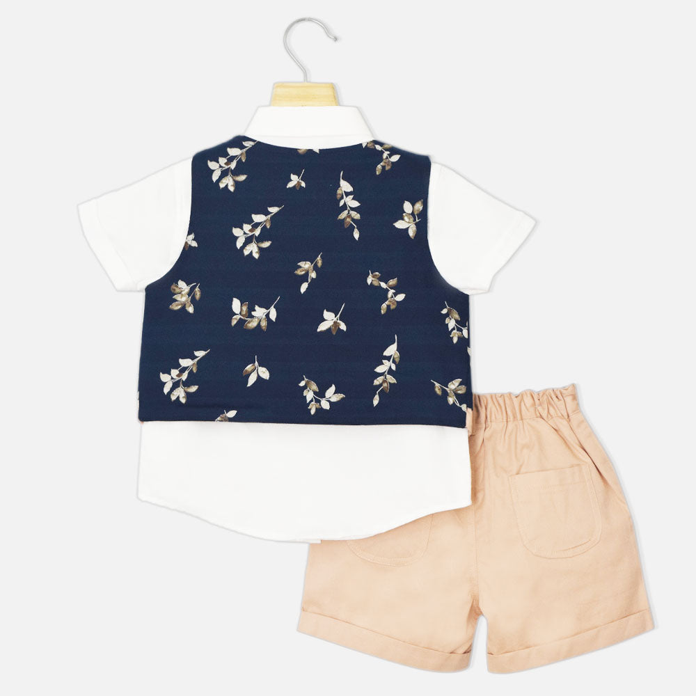 Navy Tropical Printed Waistcoat With White Half Sleeves Shirt & Peach Shorts
