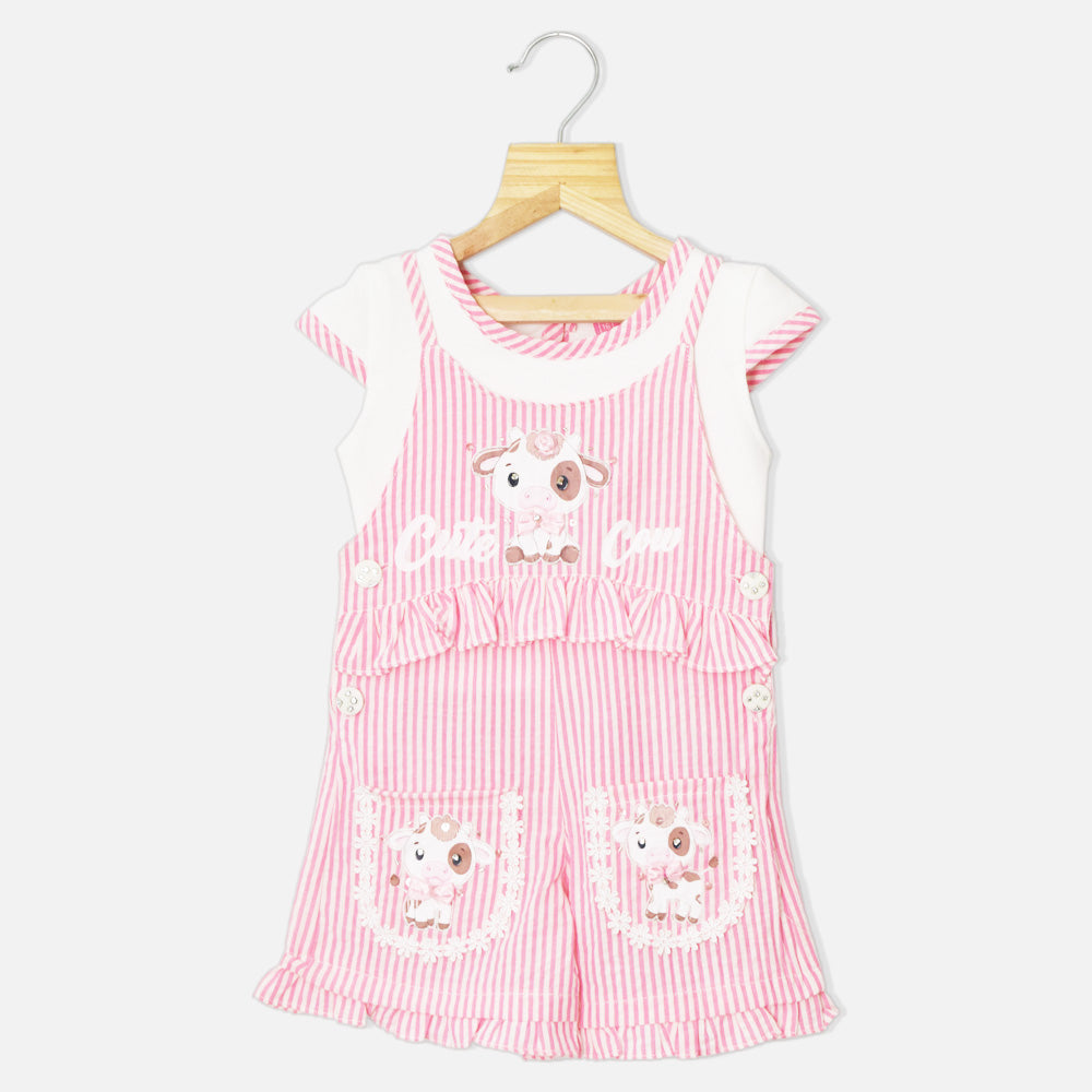 Cute Cow Applique Dungaree With White T-Shirt-Yellow & Pink