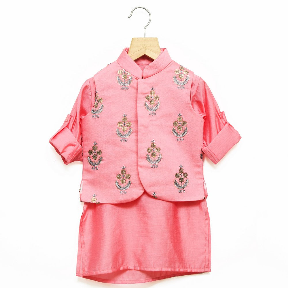 Pink Kurta Pajama with Embroidered Nehru Jacket