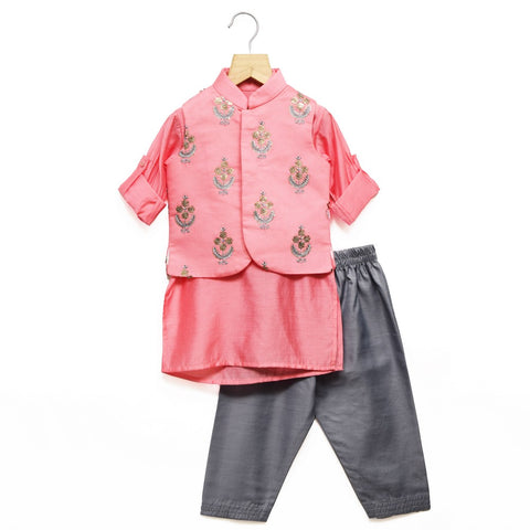 Pink Kurta Pajama with Embroidered Nehru Jacket