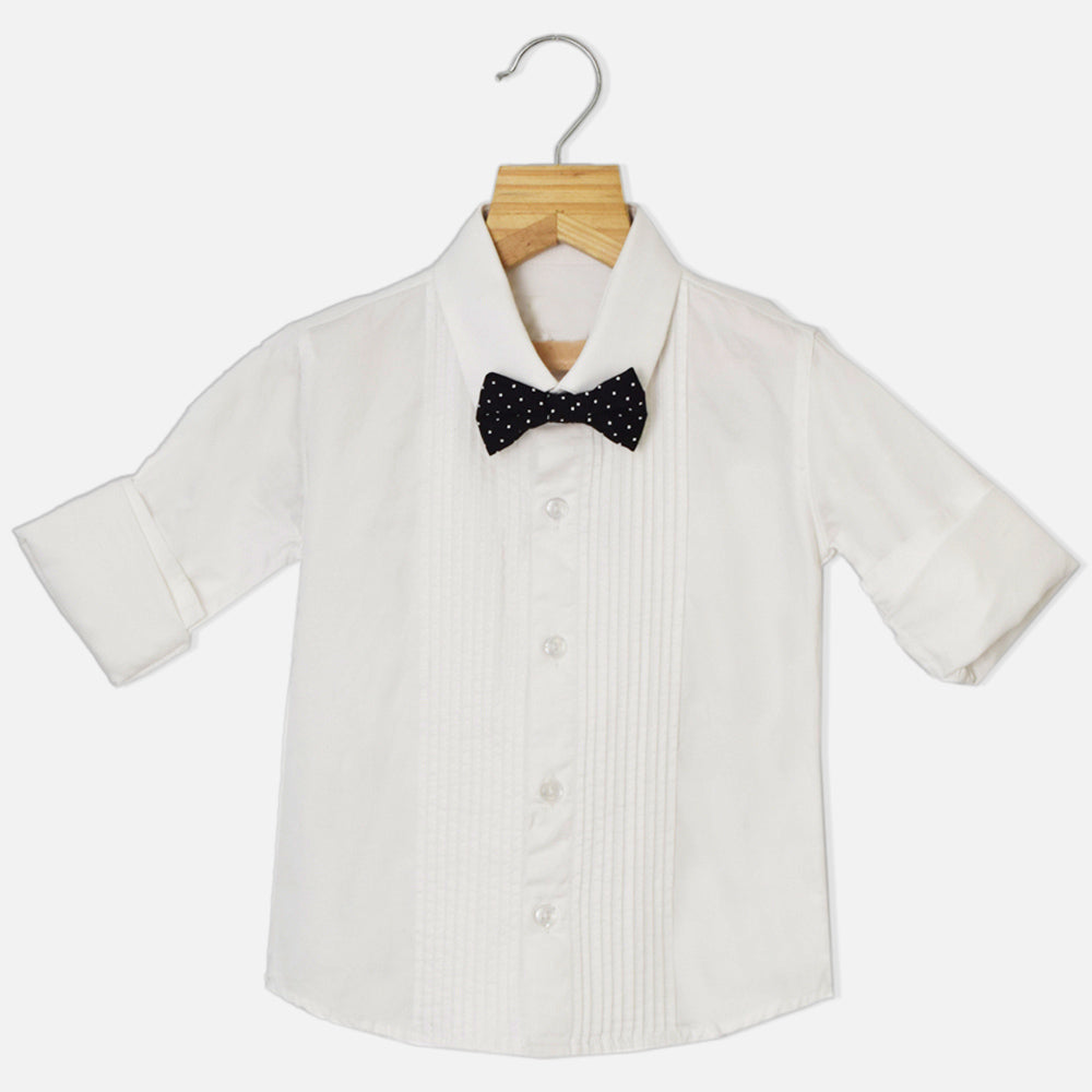 White Pintuck Shirt With Black Polka Dots Bow Tie