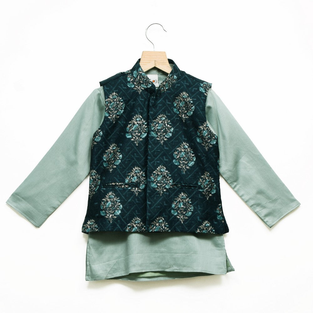 Sea Green Kurta Pajama With Nehru Jacket And Dupatta