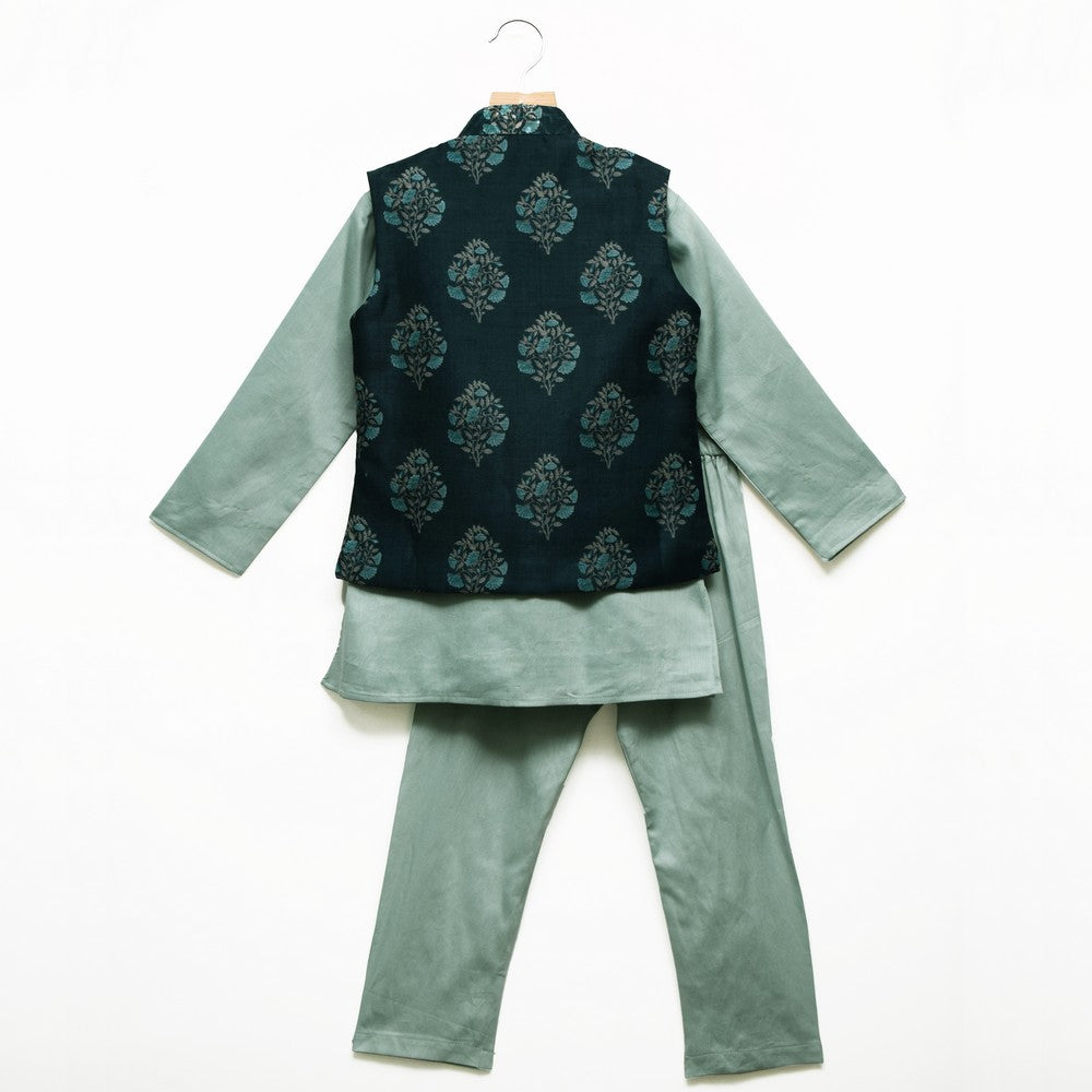 Sea Green Kurta Pajama With Nehru Jacket And Dupatta