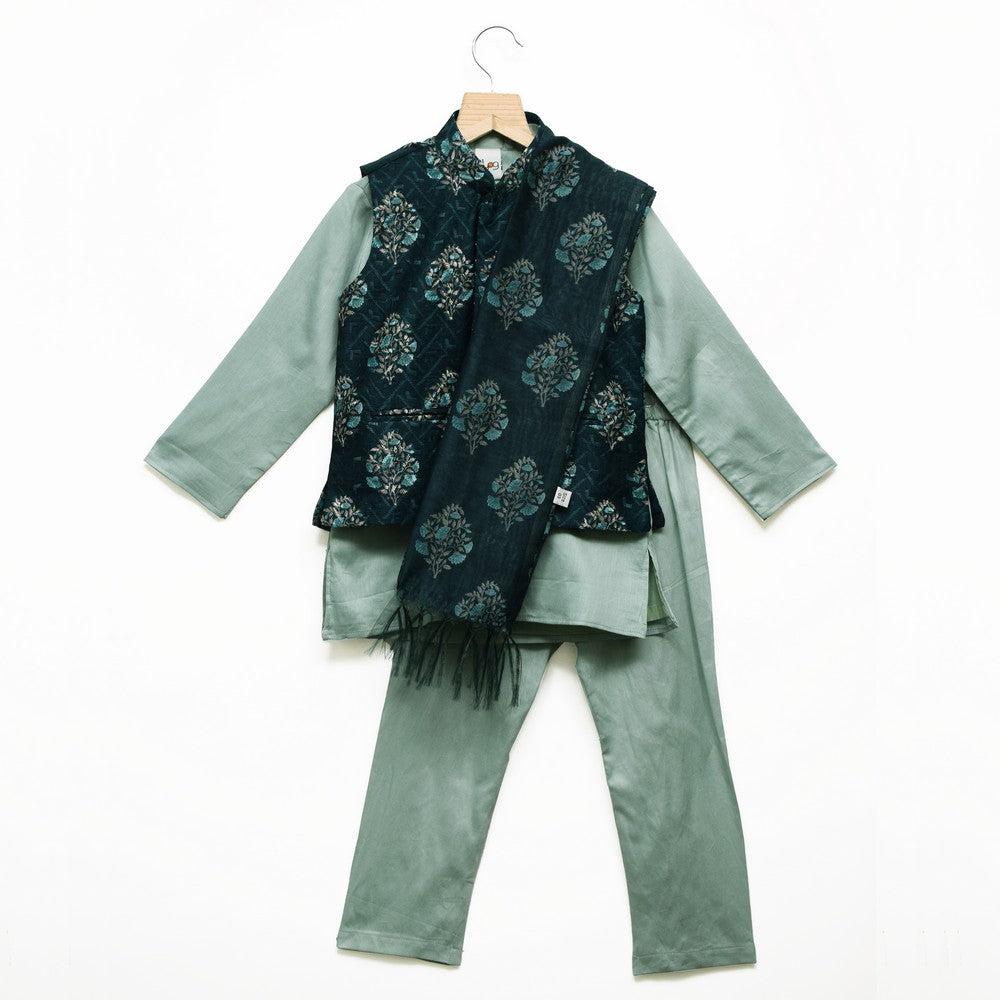 Sea Green Kurta Pajama With Nehru Jacket And Dupatta