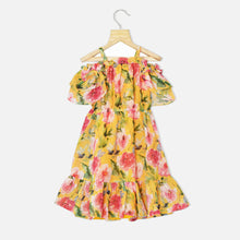 Load image into Gallery viewer, Green &amp; Mustard Floral Cold Shoulder Frill Hem Dress
