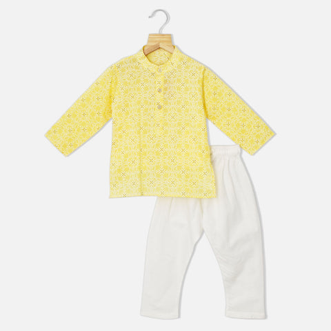 Cotton Full Sleeves Kurta With Pajama-Blue, Yellow & Green
