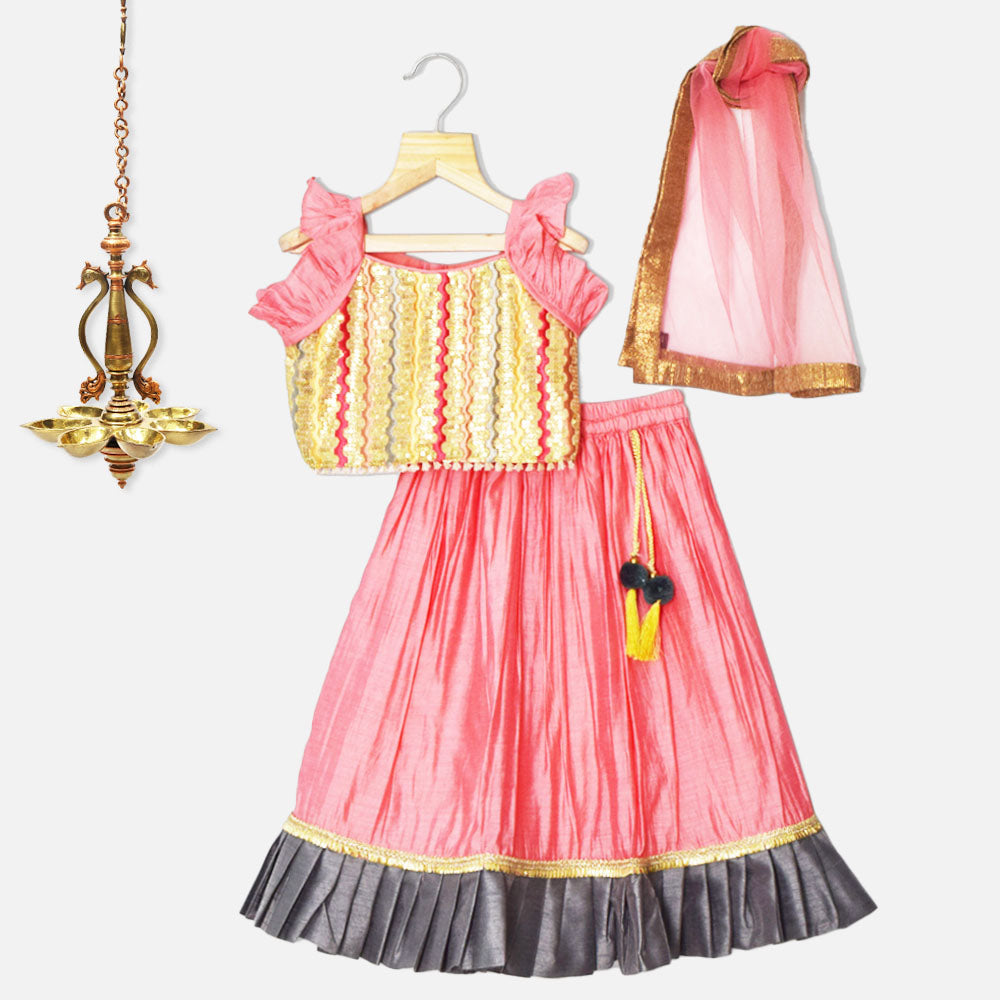 Pink & Yellow Sequins Flutter Sleeves Choli With Pleated Lehenga And Net Dupatta
