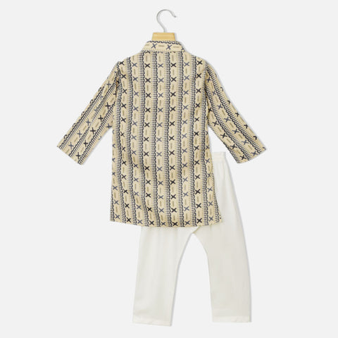 Beige Geometric Printed Kurta With White Pajama