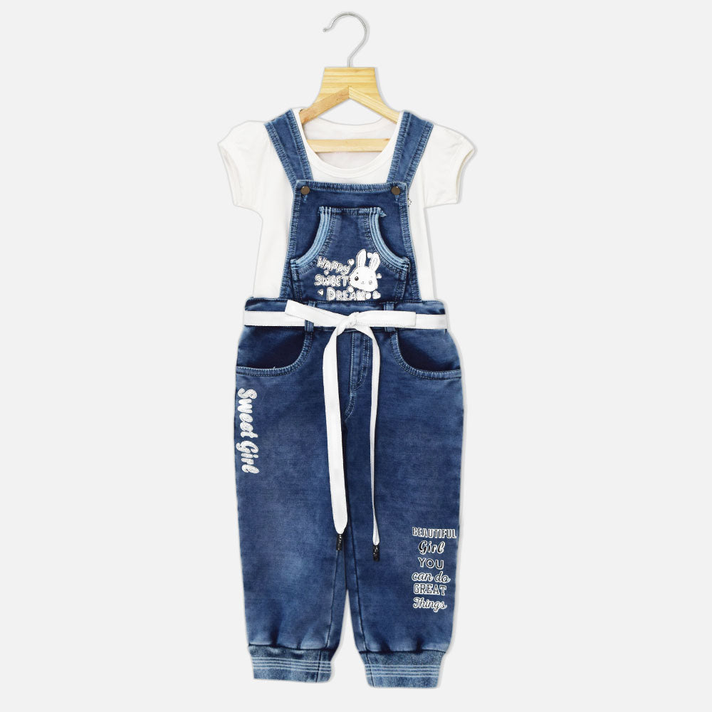 Denim Bunny Dungaree With White Top