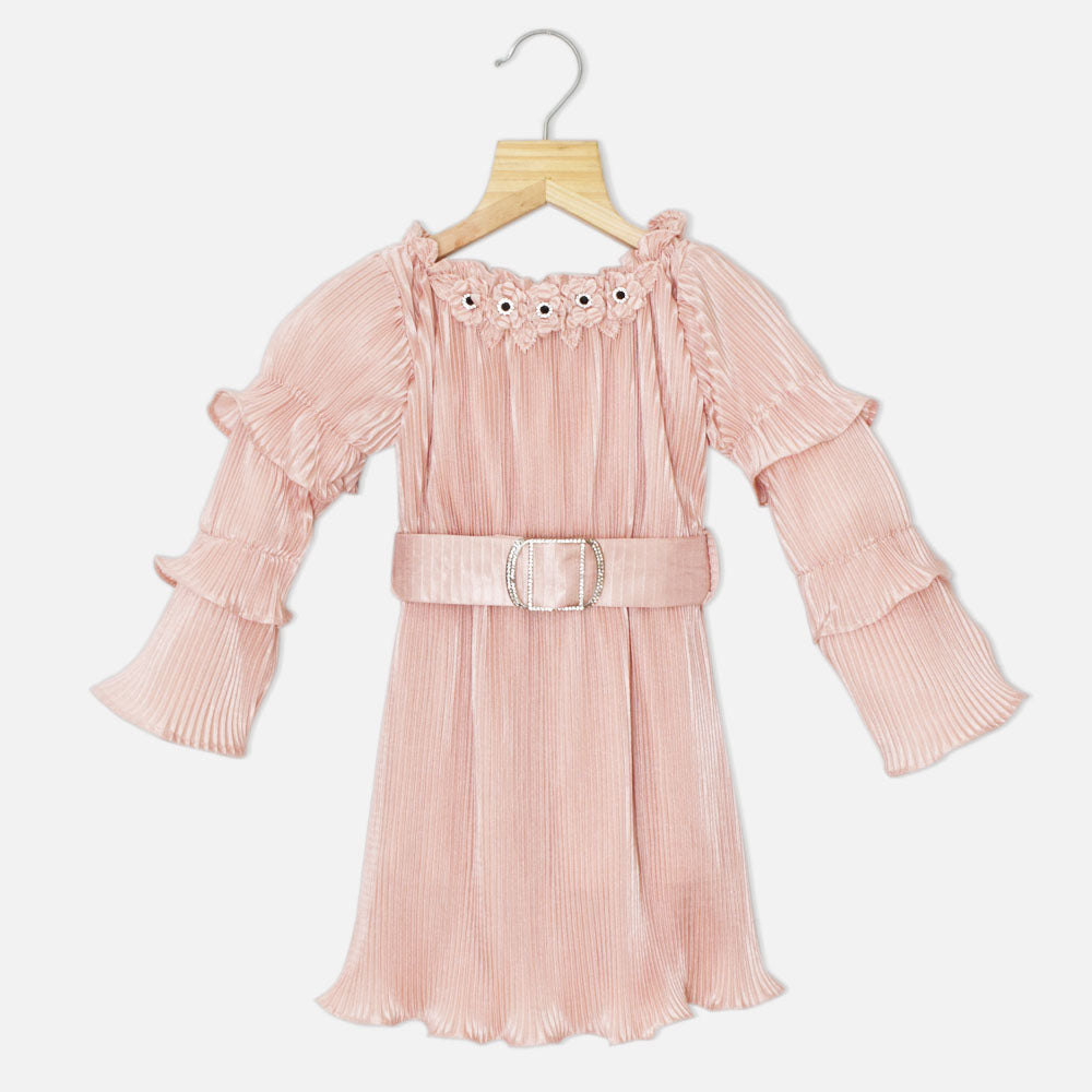 Pink Accordion Pleated Full Sleeves Party Dress With Belt