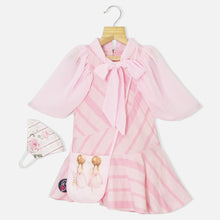 Load image into Gallery viewer, Pink Striped Dress With Sling Bag &amp; Mask
