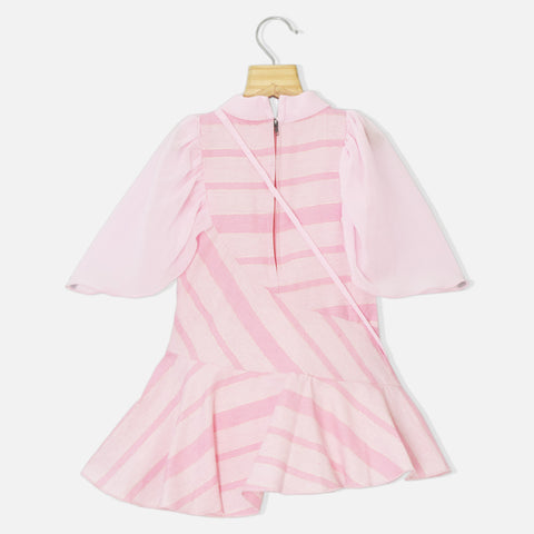 Pink Striped Dress With Sling Bag & Mask