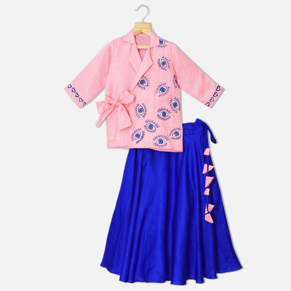 Pink Eye Embroidered Wrapped Blazer With Blue Skirt