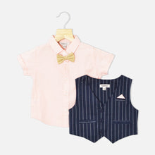 Load image into Gallery viewer, Navy Striped Printed Waistcoat Set With Peach Shirt &amp; Short
