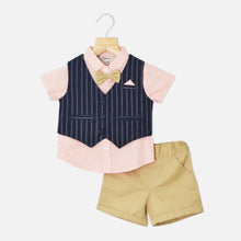Load image into Gallery viewer, Navy Striped Printed Waistcoat Set With Peach Shirt &amp; Short
