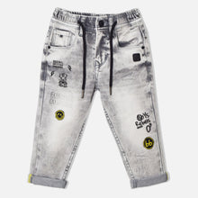 Load image into Gallery viewer, Blue And Grey Roll Up Typographic Denim Jeans
