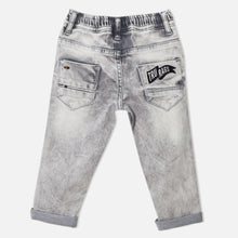 Load image into Gallery viewer, Blue And Grey Roll Up Typographic Denim Jeans
