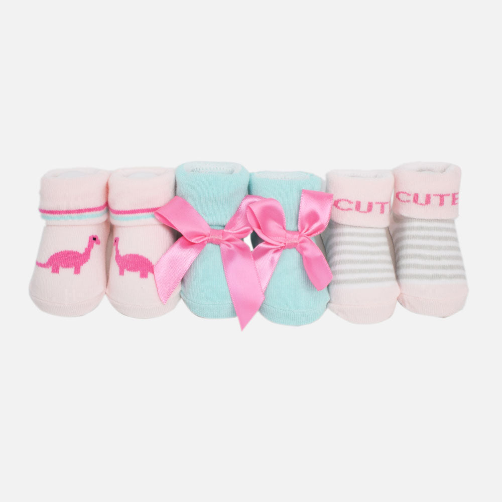 Pink Cute Dino Theme Socks - Pack Of 3