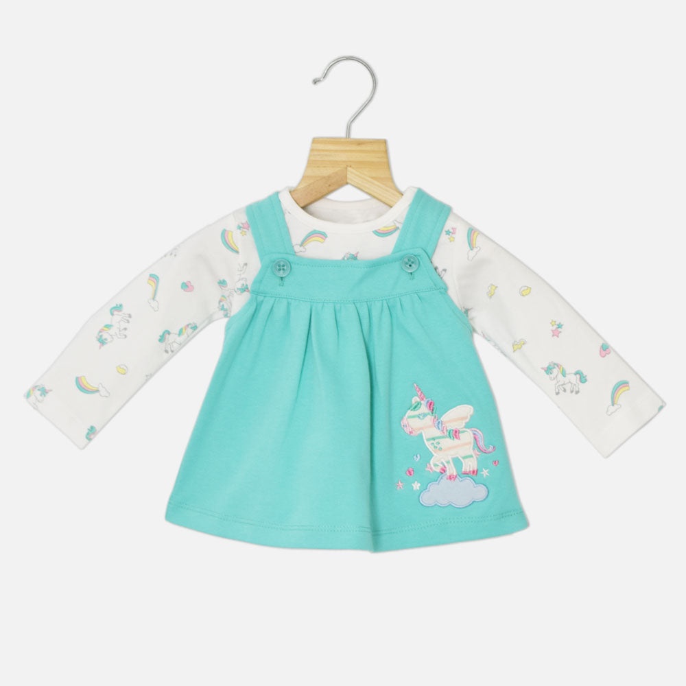 Sea Green Unicorn Applique Frock With White T-Shirt