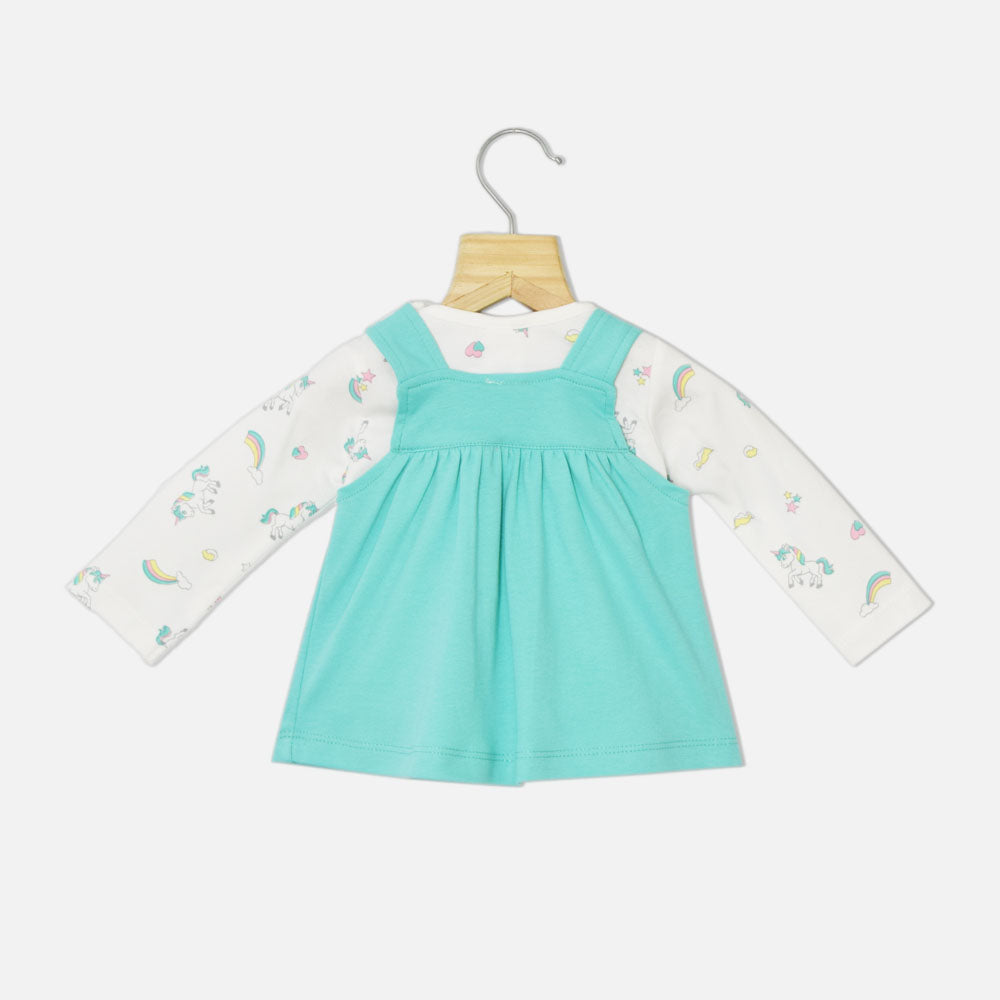 Sea Green Unicorn Applique Frock With White T-Shirt