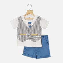 Load image into Gallery viewer, Grey Striped Waistcoat Set With White T-Shirt &amp; Short
