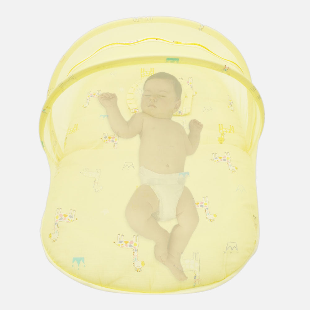 Yellow Giraffe Printed Baby Mattress With Mosquito Net & Pillow