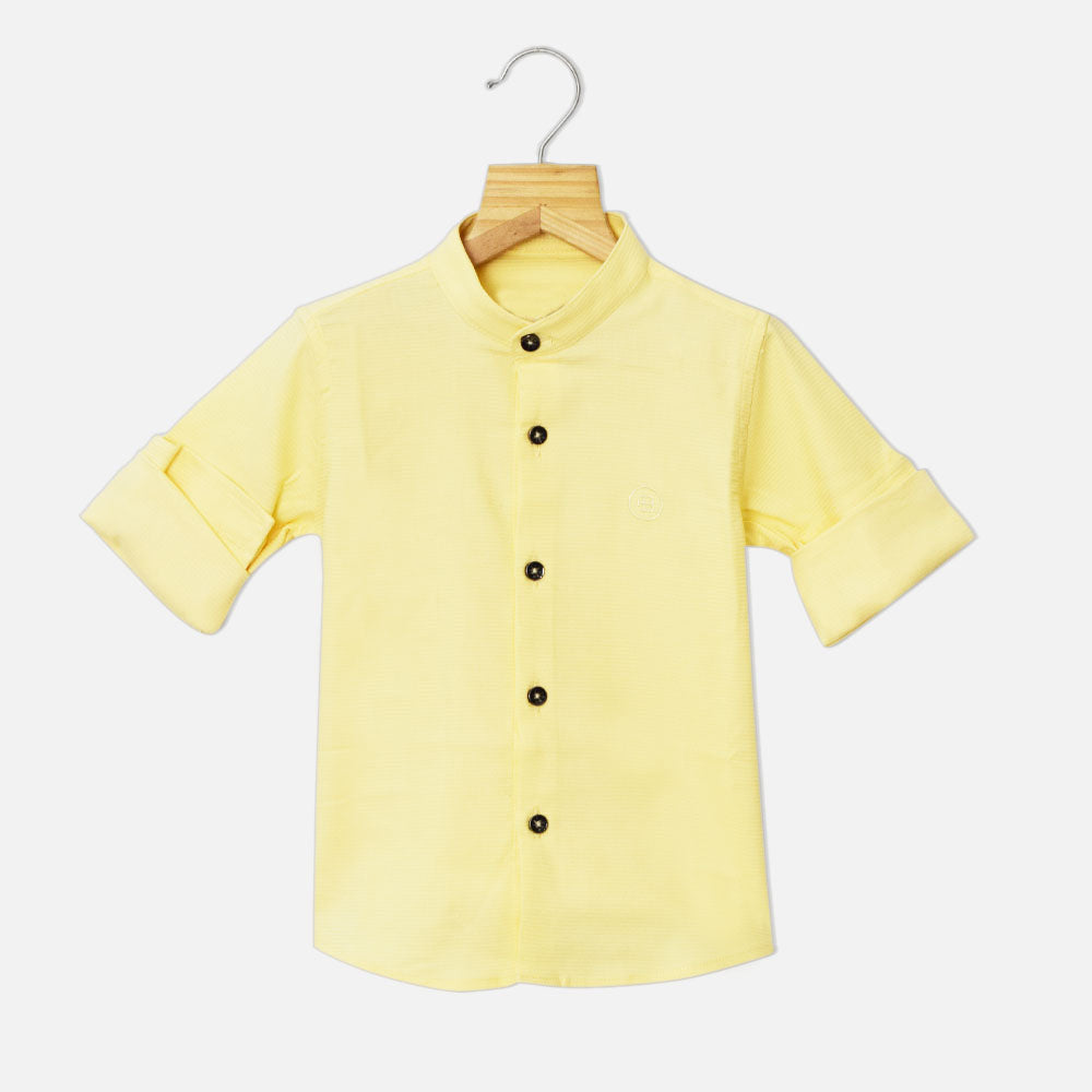Yellow & White Striped Mandarin Collar Full Sleeves Shirt
