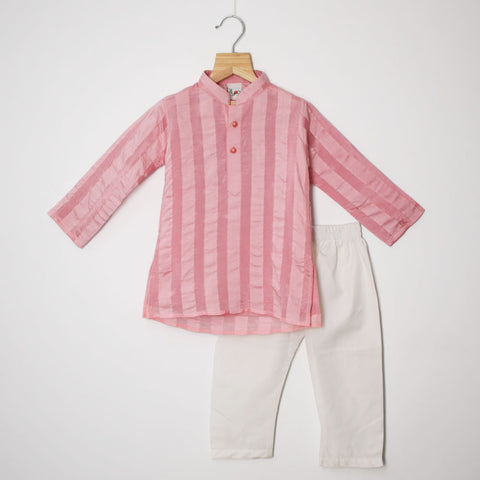Striped Silk Full Sleeves Kurta White Pajama- Yellow, Lavender & Pink