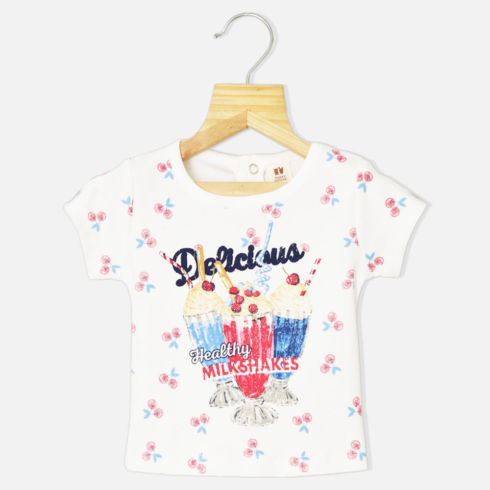 White Graphic Printed Top With Denim Raw Hem Skirt