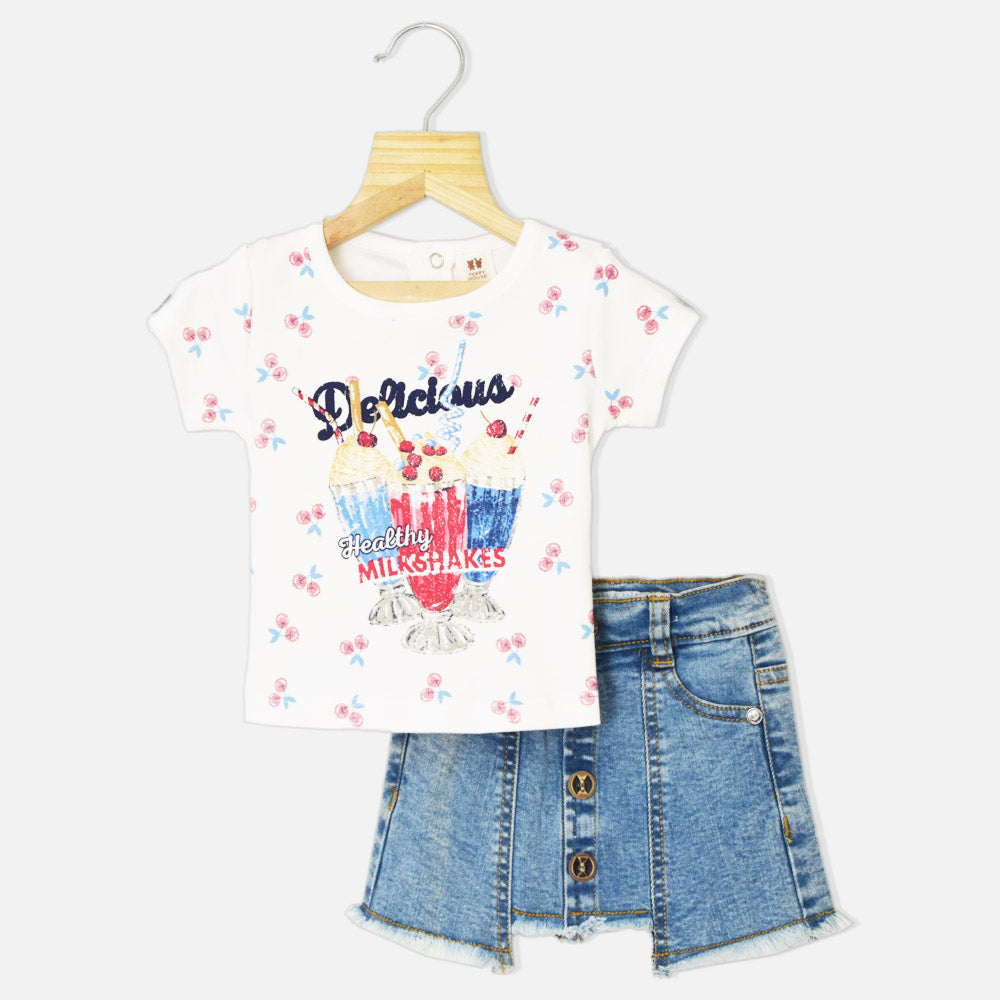 White Graphic Printed Top With Denim Raw Hem Skirt