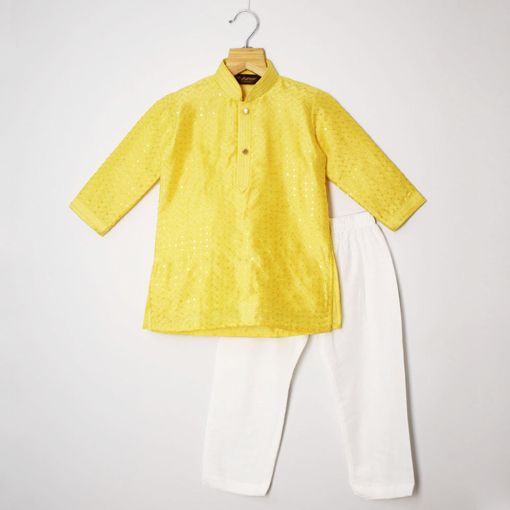 Yellow Chevron Thread With Sequins Embroidered Kurta With White Pajama