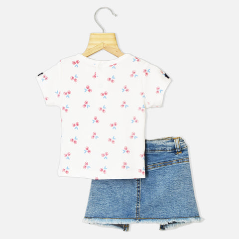 White Graphic Printed Top With Denim Raw Hem Skirt