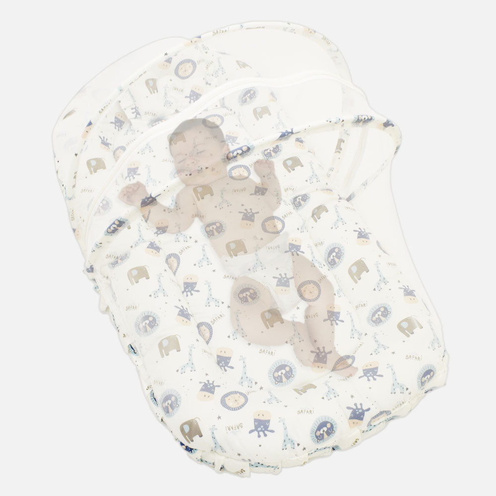 White Cute Safari Printed Baby Mattress With Mosquito Net & Pillow