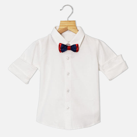 White Textured Full Sleeves Shirt With Bow Tie