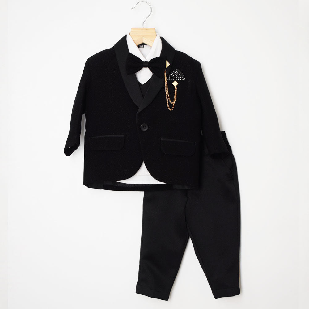 Black Sparkle Waistcoat Set With White Shirt And Pant